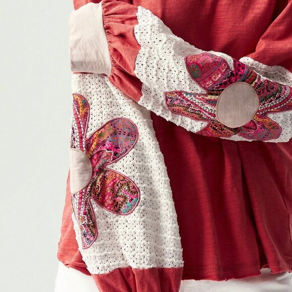 Pink Casual Women's Boho Knit Patchwork Lantern Sleeve Colorful Floral T-Shirt